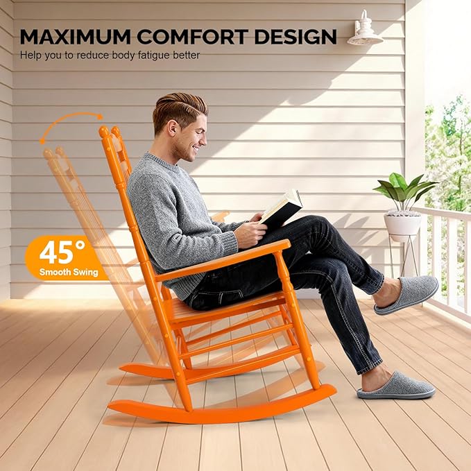 VINGLI Wooden Rocking Chair, Outdoor Chair with 450 lbs Support, Relaxing Rocker with Solid Wood High Back Seat Reclining Seat for Deck, Garden, Backyard, Porch, Indoor or Outdoor Use (Orange, 1PC) VINGLI