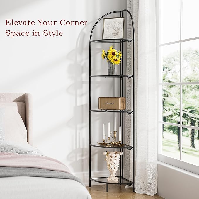 Crofy Foldable 5 Tier Corner Shelf, Metal Corner Plant Stand with Black Frame and Transparent Shelves, Corner Display Rack Multipurpose Shelving Unit for Living Room, Bedroom, Bathroom CrofyLLC