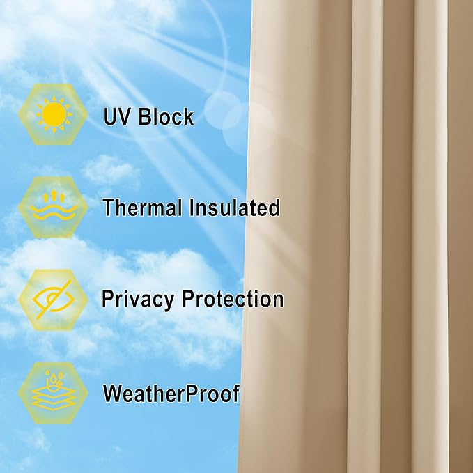 NICETOWN Waterproof Outdoor Curtain 84 inch Long, 66" Wide Stainless Grommet Sunlight Blocking Window Treatment Drape Blackout Curtains for Gazebo/Patio Porch/Pergola/Cabana (Biscotti Beige, 1 Panel) NICETOWN