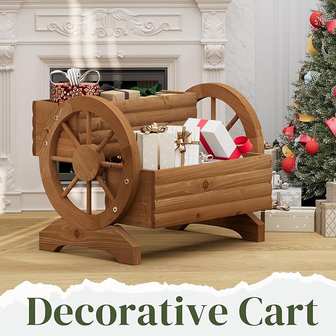 Wooden Wagon Planter Flower Cart with Wheels Garden Box Garden Planter, Decorative Planter for Flowers Herbs Vegetables for Indoor & Outdoor Décor Flower Cart for Patio Garden Balcony (Brown) PULIJIAJU