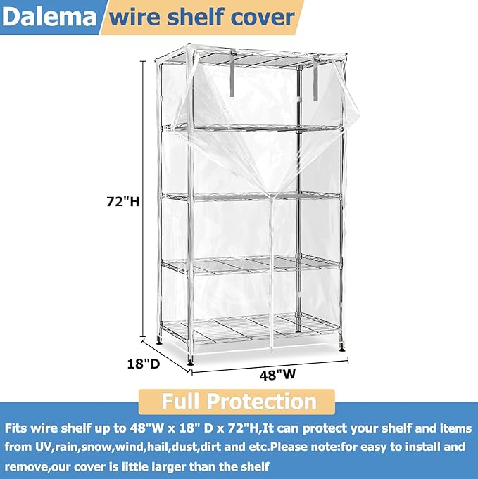 Waterproof Shelf Cover,Durable Dustproof Storage Wire Rack Covers,Outdoor Shelving Covers for Wire Shelves with Zipper 48''x18''x72'',Clear Dalema