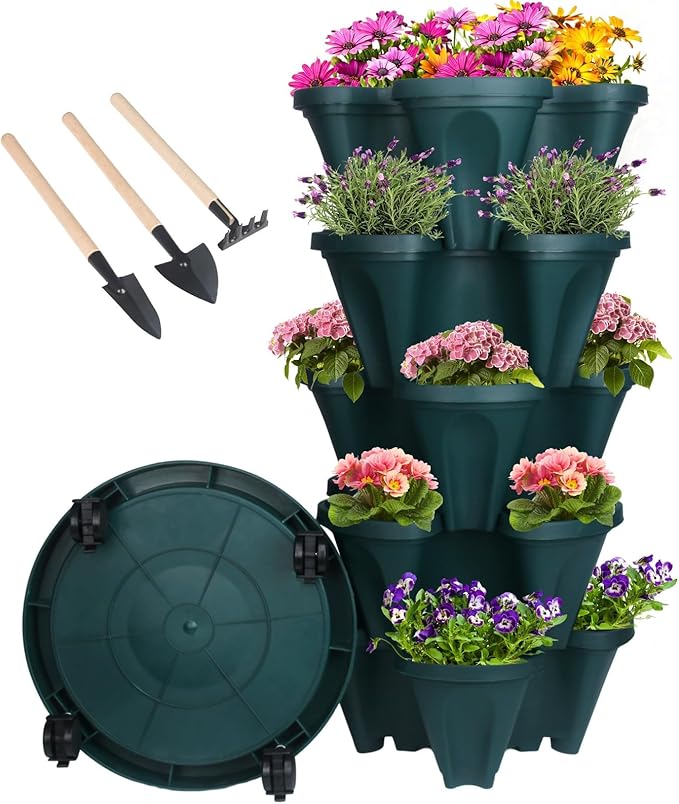 GameXcel Vertical Planter 5 Tier Stackable Planters Garden Planters Strawberry Herb Flower and Vegetable Planter Indoor Outdoor Gardening Pots with Removable Wheels and Tools - Green GameXcel