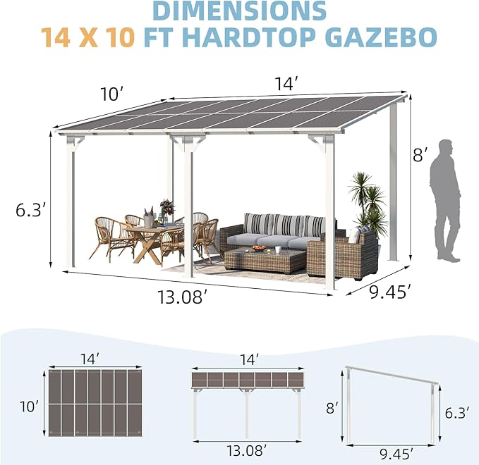AECOJOY 14' x 10' Gazebo in White, Large Wall Mounted Gazebos on Clearance, Outdoor Patio Lean to Gazebo Metal Awnings for Decks, Patio, Porch, Backyard and More AECOJOY