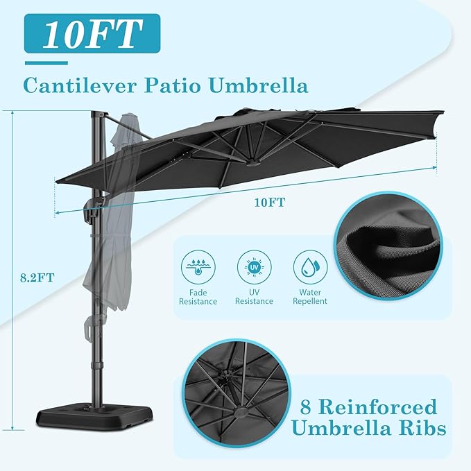 HOTEEL10x10ft Patio Umbrella Cantilever Umbrellas - Upgrade and Intensify - 360 Rotation and 5 Angles Adjustment - Aluminum Offset Pool Umbrella Outdoor Umbrellas for Patio Garden Pool HOTEEL