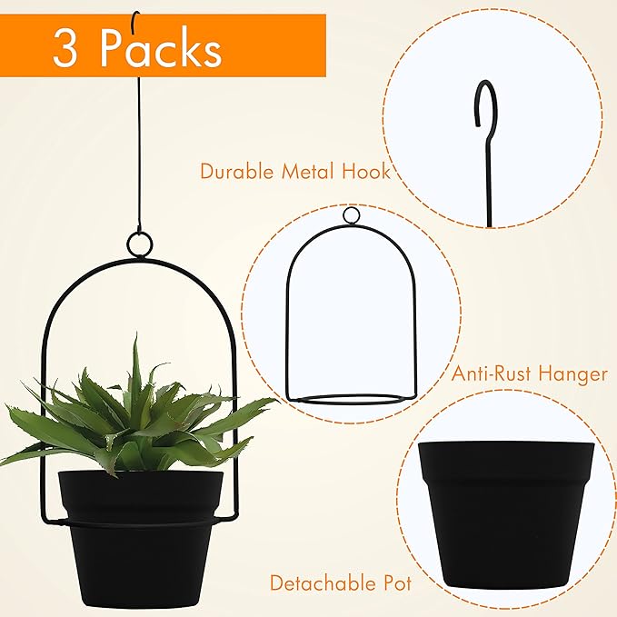 Gardzen 3 Packs Hanging Pots for Plants Outdoor & Indoor, Black Hanging Planter, Pot Hangers for Plant Flower Gardzen