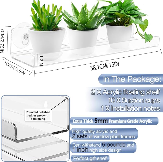 2-Pack 15 Inch Acrylic Window Boxes Plant Shelves, with Suction Cup Window Sill Extender, for Indoor/Outdoor Succulents, Micro Greens, Seed Starter Pots, Herb Planters Skewo