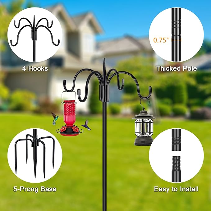 FEED GARDEN 76 Inch Four Shepherd Hooks for Outdoor,Bird Feeder Pole with 5 Prong Base, Adjustable Shepard Hooks for Hanging Plant, Solar Lanterns, Wind Chimes, 2 Pack FEEDGARDEN