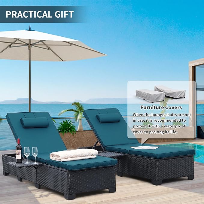 WAROOM Outdoor Chaise Lounge Chairs for Outside Patio Furniture Set of 2 Wicker Recliner Black Rattan Sunbathing Lounger Adjustable Backrest Pool Reclining Chair, Peacock Blue Cushion WAROOM