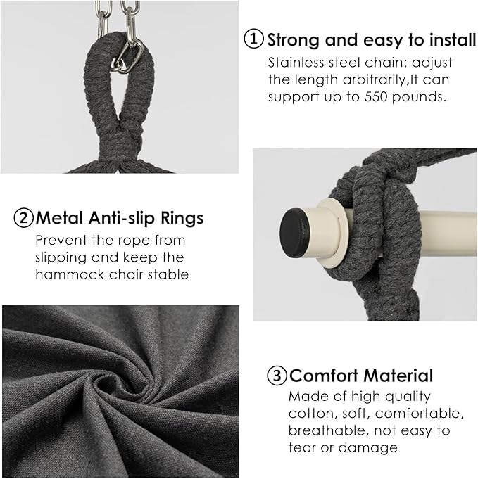 Y- STOP Hammock Chair Hanging Rope Swing, Max 500 Lbs, 2 Cushions Included, Large Macrame Hanging Chair with Pocket, Cotton Weave for Superior Comfort, Durability (Dark Grey) Y-STOP
