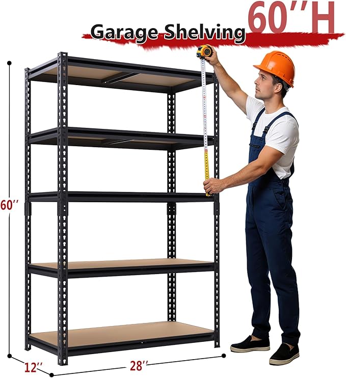 Heavy Duty Garage Shelving,5-Tier Metal Storage Shelves,2400LBS Shelving Unit,Adjustable Shelving Rack, Standing Shelf Units for Garage Storage Warehouse,28''×12''×60'' Rootora