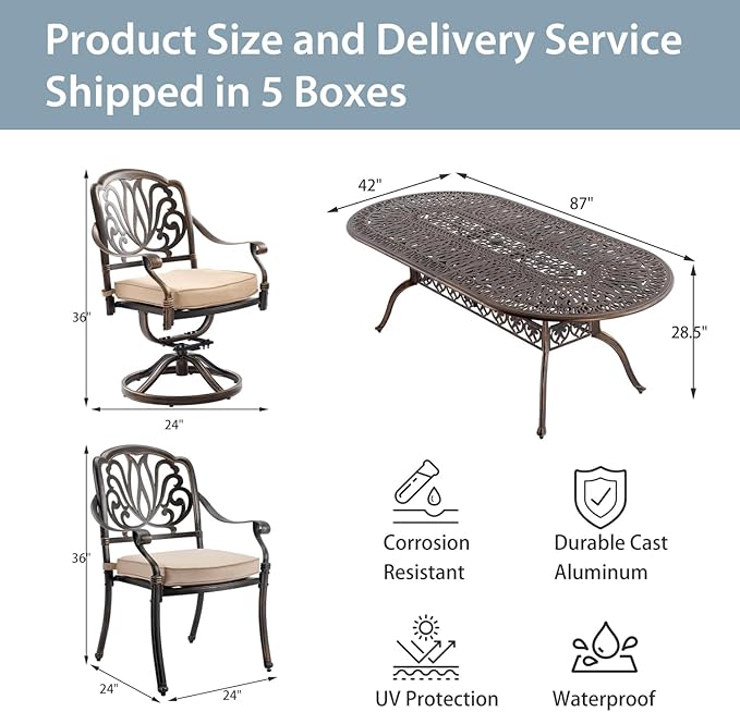 9-Piece Cast Aluminum Patio Furniture, Outdoor Dining Sets for 8 Include 87" Oval Patio Dining Table, 6 Stackable Chairs & 2 Swivel Chairs with Cushions & Umbrella Hole(Bronze) Rootora