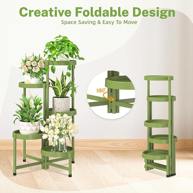iDavosic.ly 5 Tier Folding Plant Stand Indoor Outdoor with Plastic Tray, Tiered Corner Flower Holder Shelf, Metal Orchid Display Rack for Patio Porch Living Room Garden Balcony, Green iDavosicly