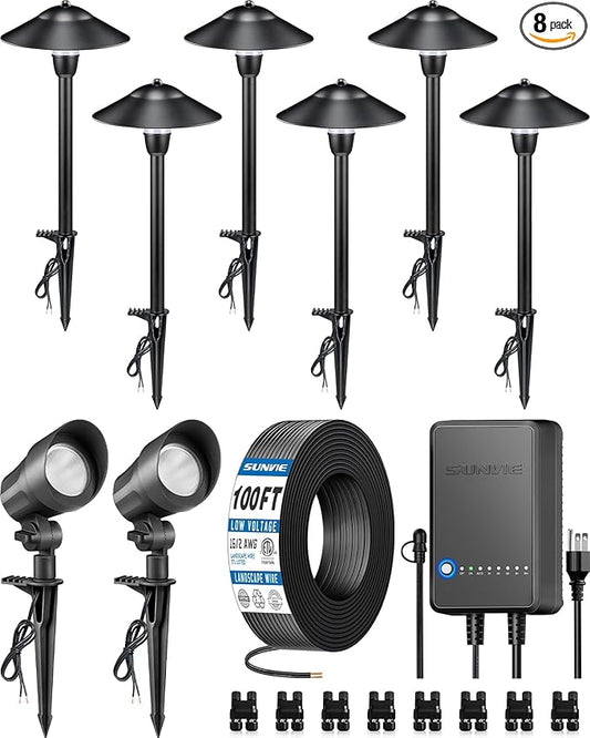 SUNVIE All-in-ONE Landscape Lighting Kit 6-Pack LED Outdoor Pathway Lights, 2-Pack Spotlights, 60W Transformer, 100FT 16/2 AWG Wire and Connectors Outdoor Landscape Lighting for Walkway Garden Yard SUNVIE