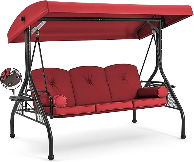 HOMREST 3 Seat Outdoor Porch Swing with Adjustable Canopy, Convertible Patio Swing Bed with Stand, Patio Glider Swing with Upgraded Cup Holder, Thicken Cushions ＆ Pillow for Backyard (Wine Red) HOMREST