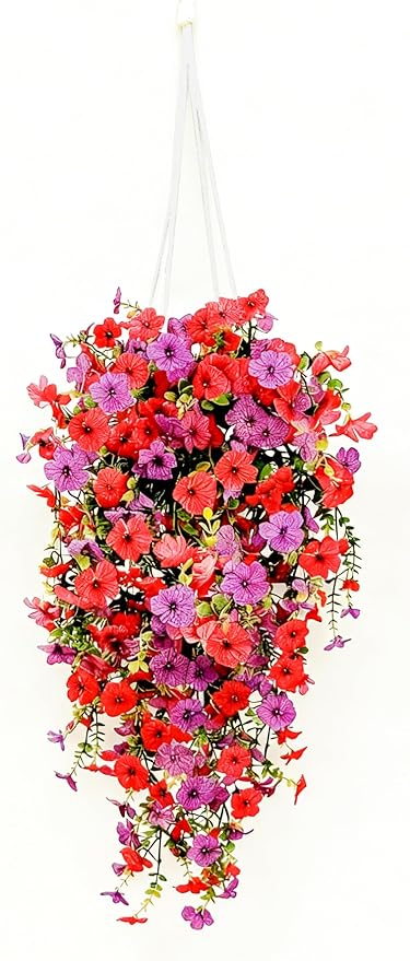 Artificial Flowers for Outdoors Fake Hanging Plants with Pot, 4pcs Silk Colorful Flowers UV Resistant Realistic Hanging Planter Faux Flower for Outside Porch Patio Home Garden Yard Decoration Comtelek