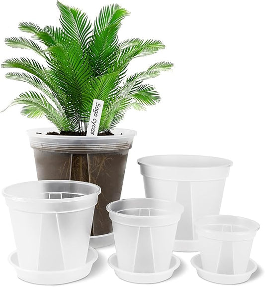 GREENPARA Transparent Plastic Garden Pots Planter with Saucer 4/5 /6/7 /8 inch Plant Pot Nursery Pots Drainage Hole for House Plants, Herb, Flowers, and Cactus with 10pcs Plant Labels, 5-Set GREENPARA