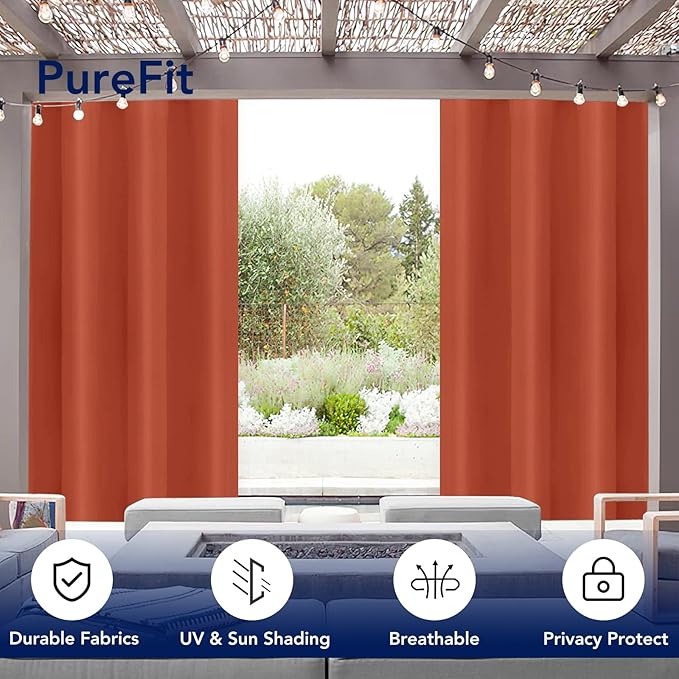 PureFit Outdoor Curtains for Patio Waterproof Weatherproof, UV Resistant Outside Curtains for Gazebo, Front Porch, Pergola, Sun Blocking Privacy Curtain, 52W x 108L inch, 1 Panel, Red Clay PureFit