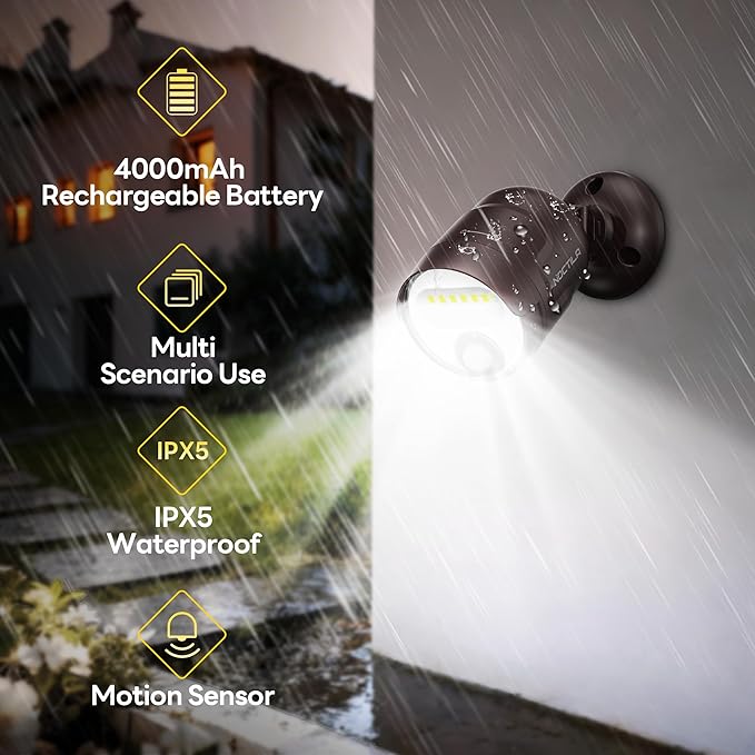 Battery Operated Motion Sensor Light,4000mAh Rechargeable Battery Powered Spotlight 600 Lumen Outdoor IP65 Waterproof for Porch,Yard,Wall,Garden with Dusk to Dawn (Brown-2pcs) Noctila