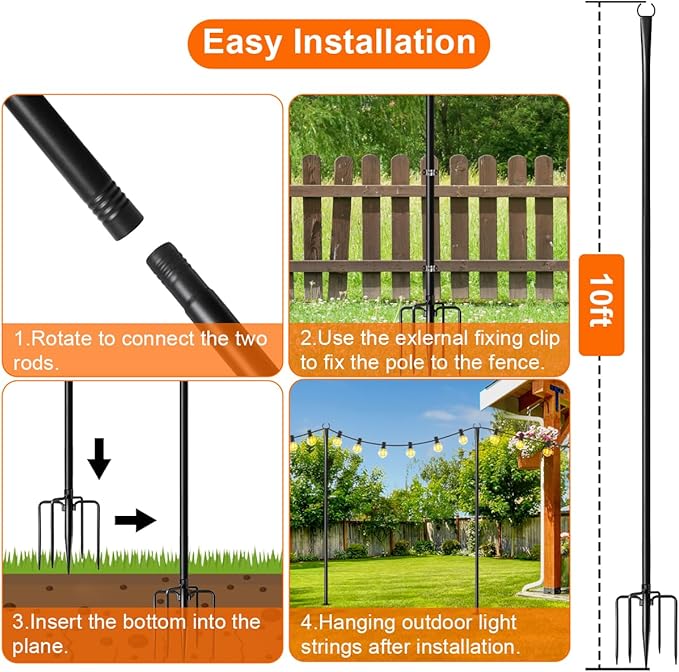 6 Pack 9FT String Light Poles for Outdoor,Metal Lights Hanging Pole Outside with Fork,Light Stand for Patio, Pergola, Garden, Backyard, Yard, Camping Party Rootora