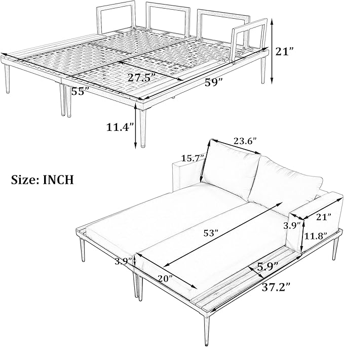 Outdoor Double Metal Daybed, with Wood Topped Side for Drinks, 2 in 1 Padded Sun Lounger with Cushions & Pillows, Patio Chaise Lounge Chair for Poolside Lawn Garden, Gray RuiSiSi