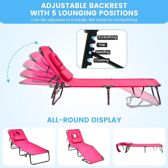 GYMAX Tanning Chair, 350lbs Beach Lounge Chair with Face Hole, Detachable Washable Pillow & Carry Strap, Adjustable Folding Chaise Lounge, Layout Chair for Outside, Patio, Poolside, Lawn (2, Pink) GYMAX