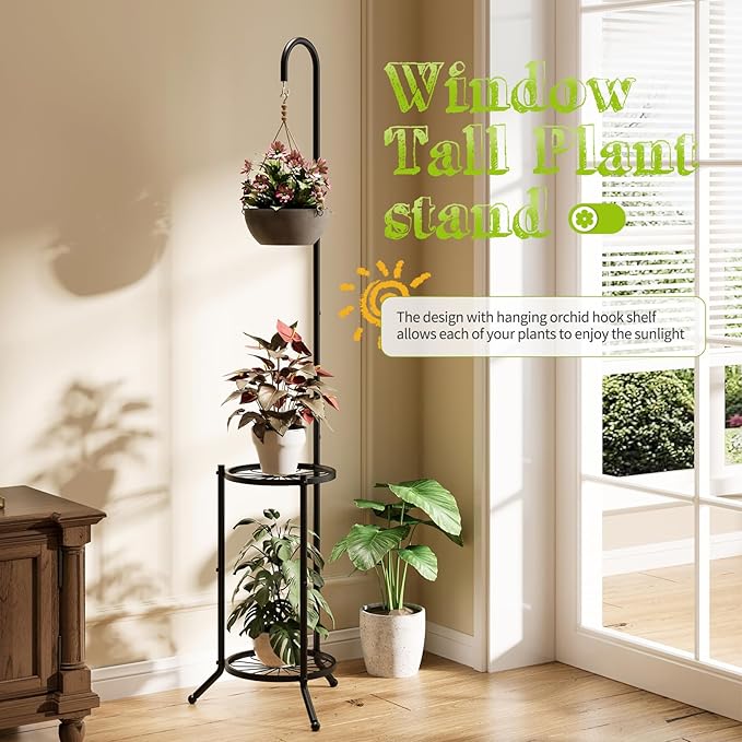 Plant Stand with Hooks Indoor Outdoor Corner Tall Plant Stand Heavy-Duty Metal 3-Tier Plant Shelf Holder Rack for Patio Garden Balcony Living Room Bedroom(semicircular Black) BMOSU