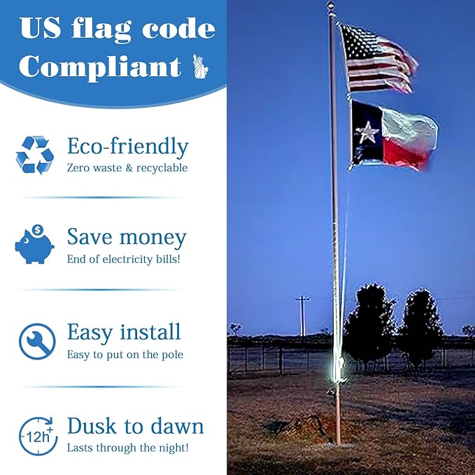 Solar Flag Pole Light, 3 Super-Spotlights LEDs, Adjustable Metal Clamps Fits 2-6''Flag Poles, IP65 Waterproof Outdoor Solar Powered Flagpole Lights, 360 Degrees of Flag Illumination, White ENRYBIA