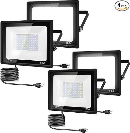 4Pack LED Flood Light Outdoor,150W LED Work Light 15500lm with 6FT US Plug,IP66 Waterproof Exterior Security Lights,6000K Daylight White Outside Floodlights Slim Design for Playground Yard garageangle