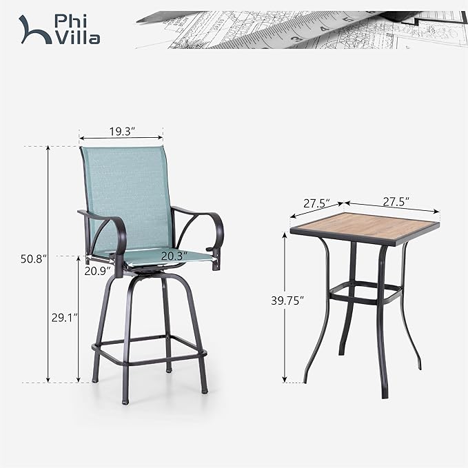 PHI VILLA Outdoor Patio Swivel Bar Set of 3, Jacquard Lake Blue Textilene Furniture Bistro Set with 2 Outdoor Bar Stools and Square Patio Bar Table for Garden Lawn Yard PHIVILLAThepioneerofcomfortablehouseholdsupplies