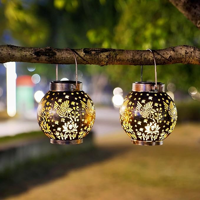 2 Pack Outdoor Solar Hanging Lantern Lights Metal LED Decorative Lamp for Garden Patio Courtyard Lawn and Table with Hollowed-Out Design (Bronze Hummingbird) ExcMark
