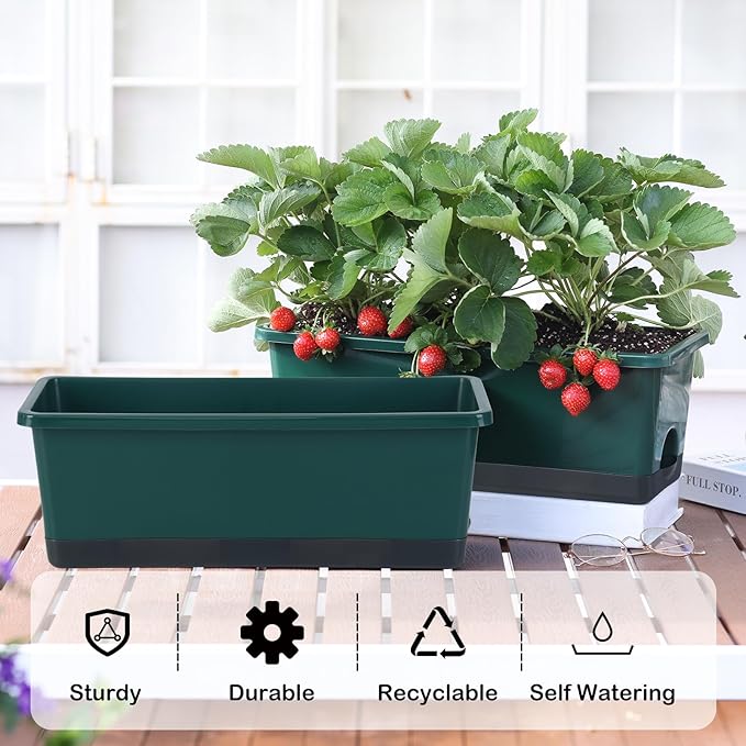 Window Box Planter 8 Pcs, 17 Inches Rectangle Flower Pots with Drainage Holes & Trays, Vegetable Planters for Windowsill Patio Garden Balcony Home Indoor Outdoor (Dark Green, 16 * 7 * 6 inch) Oliz