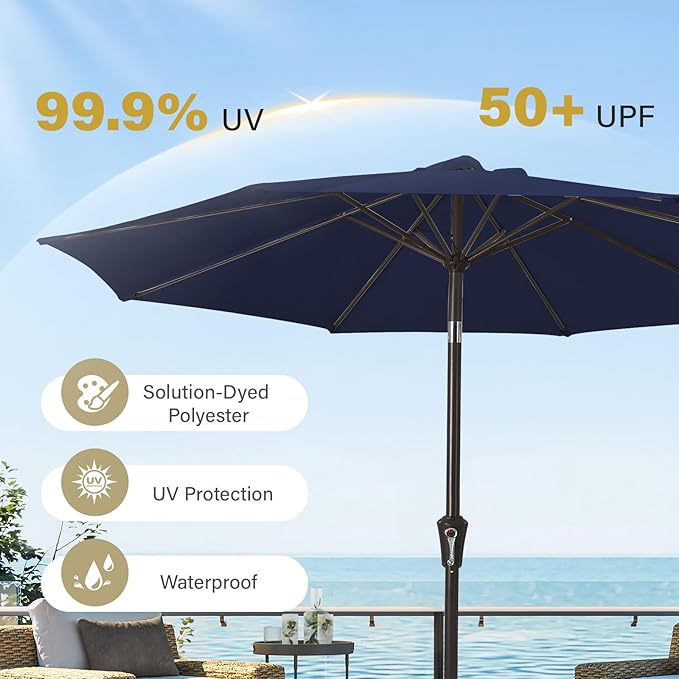 MEWAY 9ft Patio Umbrella Outdoor Table Umbrellas with Push Button Tilt and Crank, Market Umbrella 8 Sturdy Ribs for Deck, Garden, Pool and Backyard, Navy MEWAY