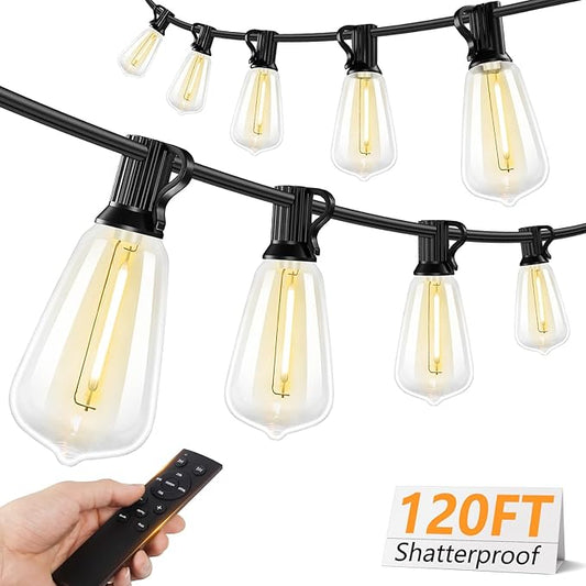 Brightever 120FT LED Outdoor String Lights with Remote, Patio Lights Outdoor Waterproof with 36+2 Shatterproof ST38 LED Bulbs, Dimmable Outside Hanging Light for Porch, Garden, Backyard, Cafe, 2700K Brightever