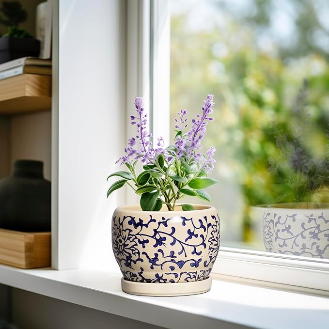 SQOWL Ceramic Flower Pots - 6 Inch Plant Pot Indoor with Drainage Hole and Saucer, Porcelain Ceramic Planter Outdoor, Decorative Round Small Planter, House Decor, Plant Lover Gifts, Blue and Beige SQOWL