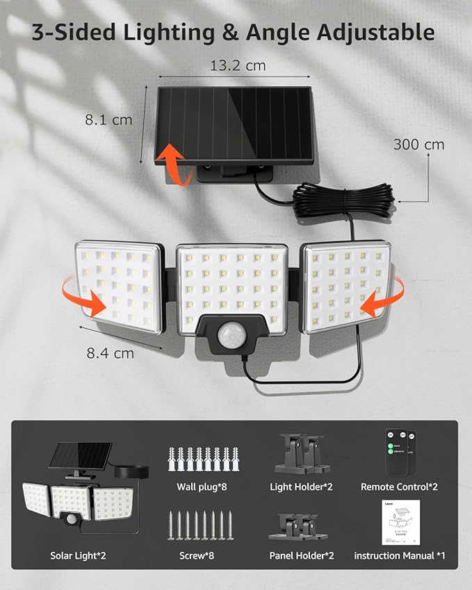 Lepro Solar Security Lights Outdoor Motion Sensor, 2 in 1 Separated and Integrated Remote Control IP65 Waterproof Solar Lights with 2 Light Modes, 3 Heads Floodlight for Garden Yard Garage Lepro