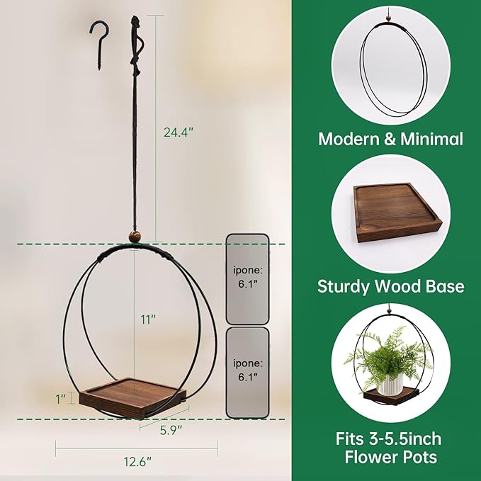 Hanging Planter for Indoor Plants, Black Plant Hanger Indoor with Sturdy Wood Base, Modern Boho Macrame Plant Hanger for 3-5.5 Inch Pot, Hanging Wall Ceiling Window Home Decor (Pots Not Included) hismocal