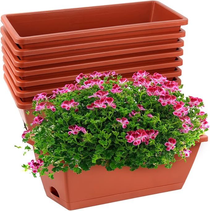 8pcs Window Box Planter,17 Inches Flower Window Boxes, Rectangle Planters Box with Drainage Holes and Trays, Plastic Vegetable Planters for Windowsill Patio Garden Home Decor Porch Yard (Red) Hananojia