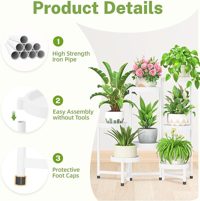 iDavosic.ly 7 Tier Folding Plant Stand Indoor Outdoor with Plastic Tray, Tiered Corner Flower Holder Shelf, Metal Orchid Display Rack for Patio Porch Living Room Garden Balcony, White iDavosicly