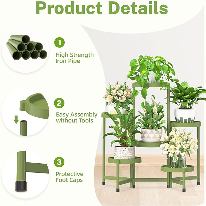 iDavosic.ly 6 Tier Folding Plant Stand Indoor Outdoor with Plastic Tray, Tiered Corner Flower Holder Shelf, Metal Orchid Display Rack for Patio Porch Living Room Garden Balcony, Green iDavosicly