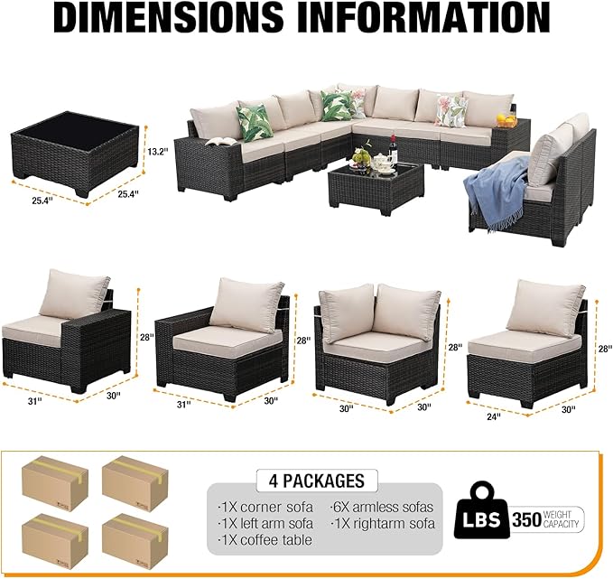 10 Pieces Patio Furniture Set All-Weather Outdoor Wicker Sectional Conversation Sofa Rattan Patio Seating Sofa with Cushion and Glass Table for Porch Poolside,Beige JOYURE
