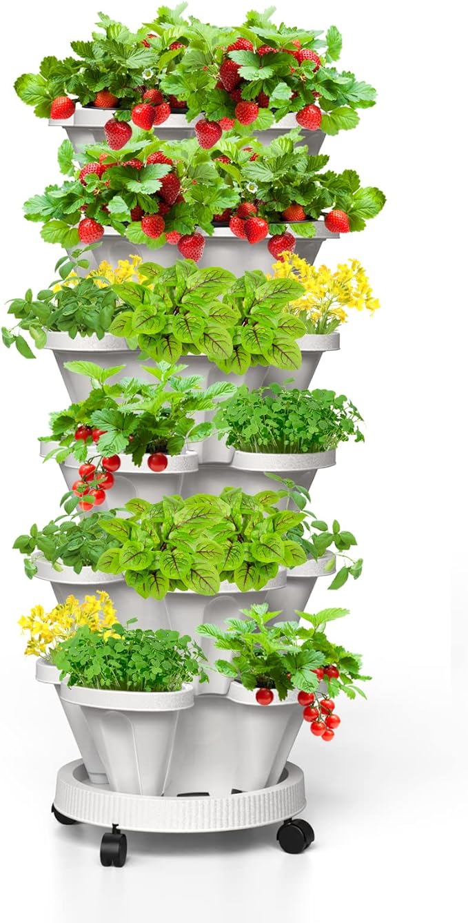 Strawberry Vertical Planters, 6 Tiered Stacking Tower Garden, Stackable Herb Vegetable Planters with Movable Casters and Bottom Saucer Indoor and Outdoor - White Tectsia