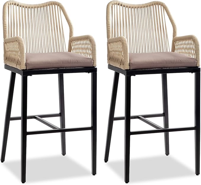 VINGLI Outdoor Bar Stools Set of 2, Heavy-Duty Outdoor Barstools Boho Woven Patio Bar Stools with Backrest, Patio Garden Balcony Pool Bar Chairs with Cushions (Apricot) VINGLI