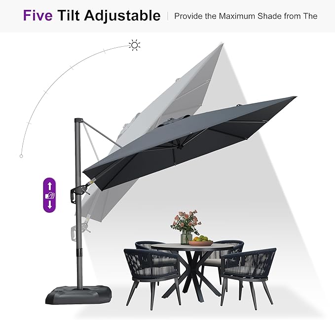 PURPLE LEAF 9'×9' Patio Umbrella with Base Outdoor Cantilever Umbrella with Cover Aluminum Square Offset Umbrella with 360-degree Rotation for Deck Pool Garden Grey PURPLELEAF
