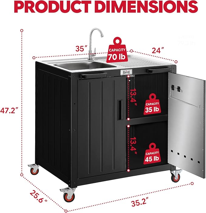 Outdoor Kitchen Island with Stainless Steel Sink and Storage Cabinet, 35-Inch BBQ Prep Station with Faucet & Lockable Wheels for Patio, Backyard, and Outdoor Cooking, Black & Silver Idealforcook