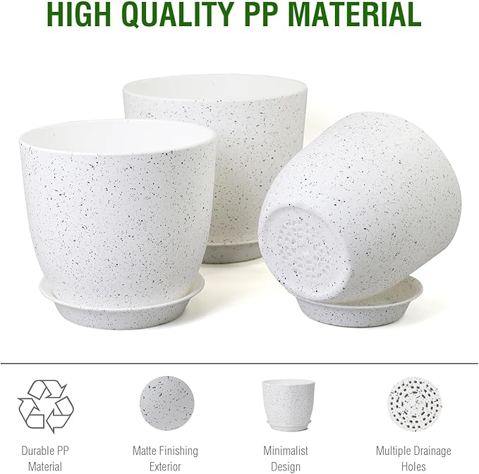 10/9/8 inch Medium Plant Pots, Set of 3 Modern Decorative Plastic Planters with Drainage Holes and Saucers for Garden House Plants, Flower Pots for Indoor Outdoor Plants, Speckled White WSMKSZ