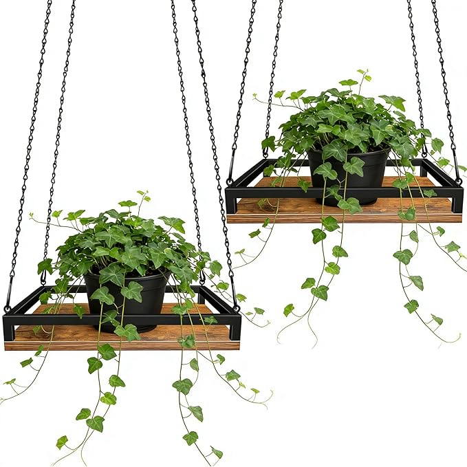 Plant Hanger Indoor, 11.8" Wooden Hanging Plant Holder with Metal Frame Hanging Planter for Indoor Plants Load 50LB Hanging Plant Shelf with 27.6" Long Chain, Ideal for Heavier Pots Ceiling（2 pack） Lilybud--lily