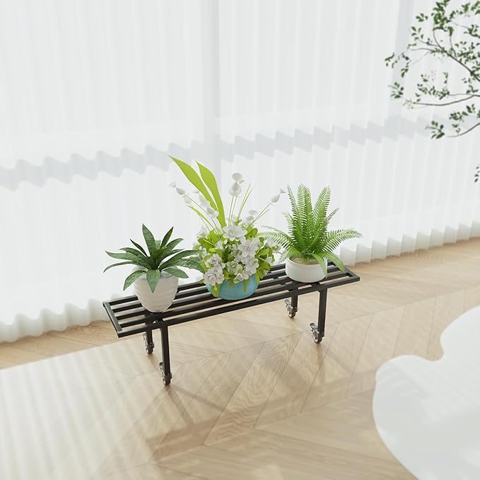 Zhongma One Tier Metal Plant Stand with Wheels,(35.43 L x 8.66 W x 10.3 H) Heavy Duty Plant Holder for Home, Window,Garden, Plant Lovers, Display Stand Zhongma
