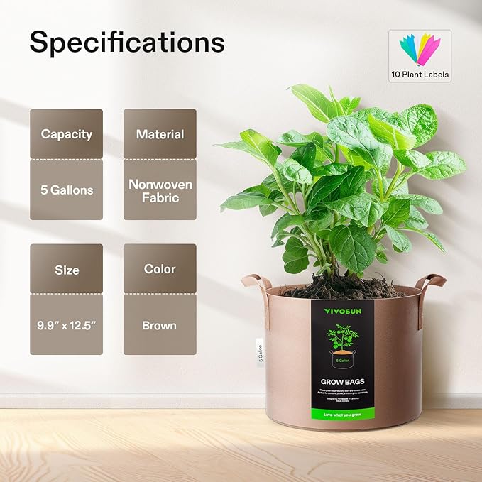 VIVOSUN 5-Pack 5 Gallons Grow Bags Heavy Duty Thickened Nonwoven Fabric Pots with Strap Handles Tan VIVOSUN