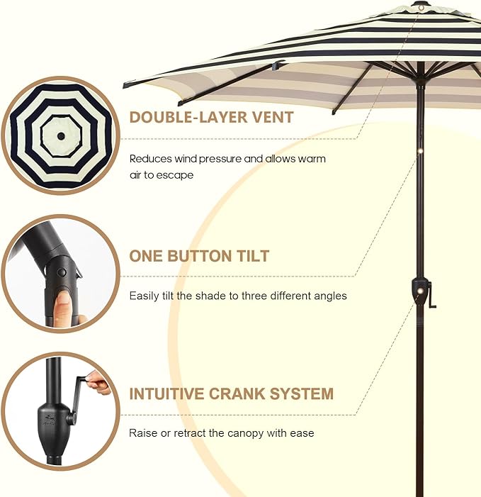 Abba Patio 9FT Lyon Outdoor Patio Umbrella Outdoor Table Umbrella with Push Button Tilt and Crank Market Umbrella 8 Sturdy Ribs UV Protection Waterproof for Garden Deck Backyard Pool, Black & Ivory AbbaPatio
