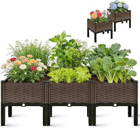 CloudDream 3Piece Brown Raised Garden Box Set, Ideal for Growing Vegetables, Herbs, Flowers & Succulents. with Built-in Drain outlets and,it Works Well Indoors and Outdoors, Suitable (Brown) PoweratWill%E2%80%94CloudDream
